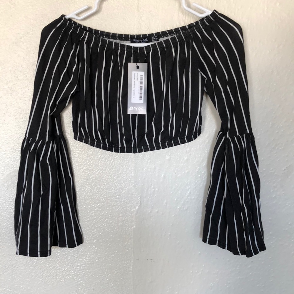 Stripe Flare Sleeve Off the Shoulder Crop Top